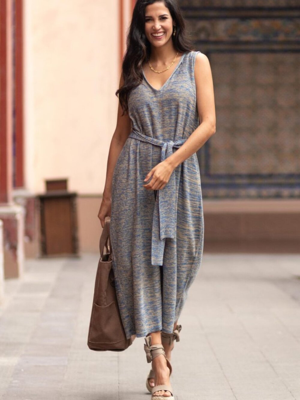 Wara in Melange Organic Blue Heathered Pima Cotton Jumpsuit from Peru